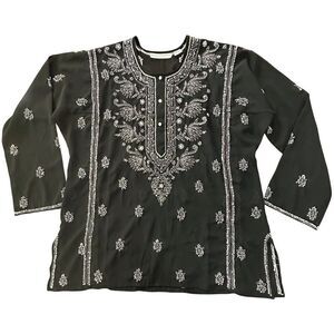 Graham Kandiah NY Embellished Long Sleeve Tunic Flowy Black White Top Size Large